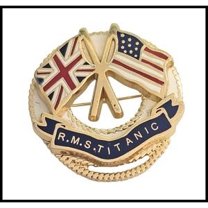 RMS Titanic Pin Brooch Crossed Flags USA UK Gold Tone Nautical Souvenir